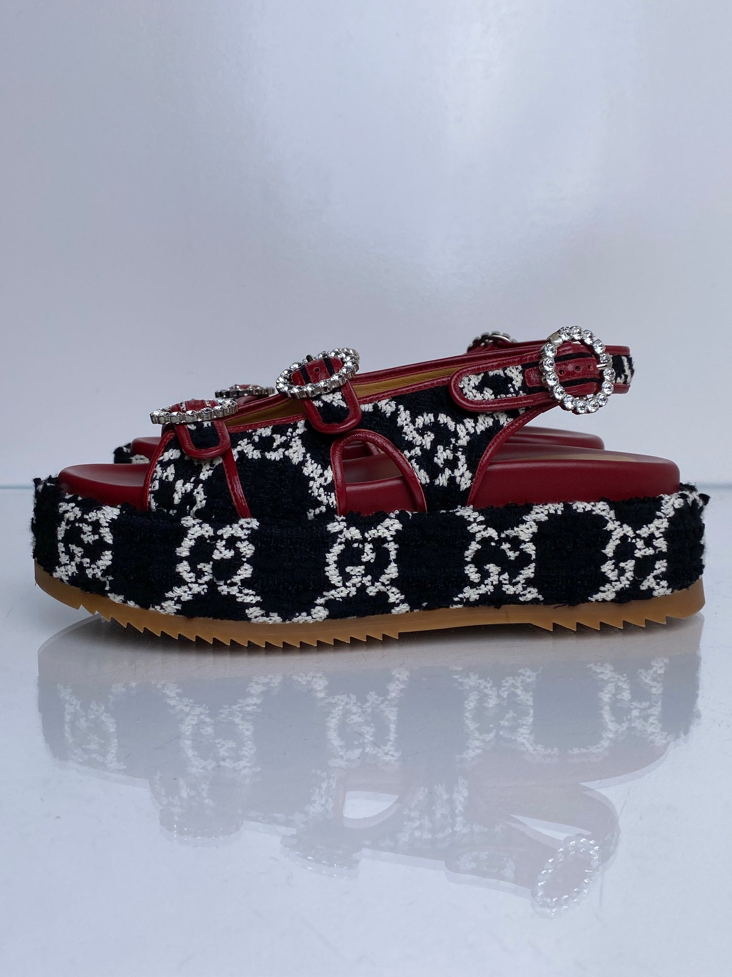 Gucci Red, Black, & White Tweed GG Platform Dad Sandals, 39