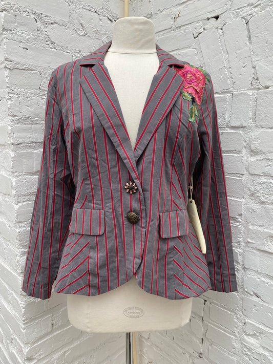 Aratta Silent Journey Burgundy & Gray Striped Blazer, M