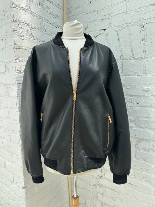 Versace Black Leather Bomber Zip Up Jacket, L