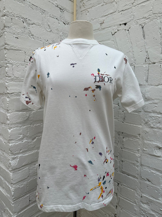 Dior Men's White Paint Splattered T Shirt, XS