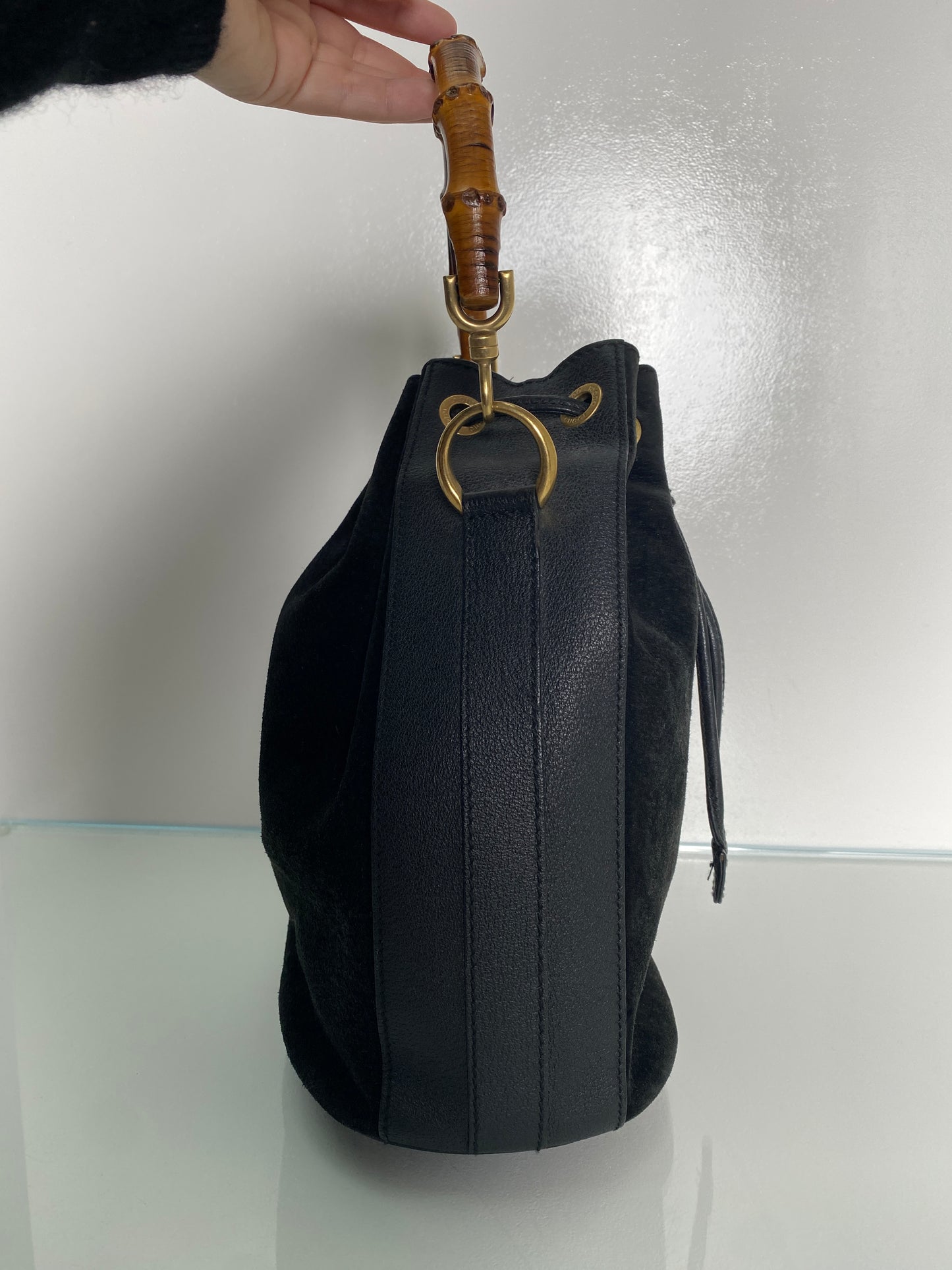 Gucci Vinatge Black Suede Bamboo Bucket Bag GHW