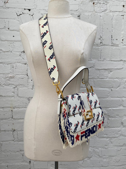 Fendi X Fila Red, White, & Blue Beaded Fringe Mania Baguette Bag GHW