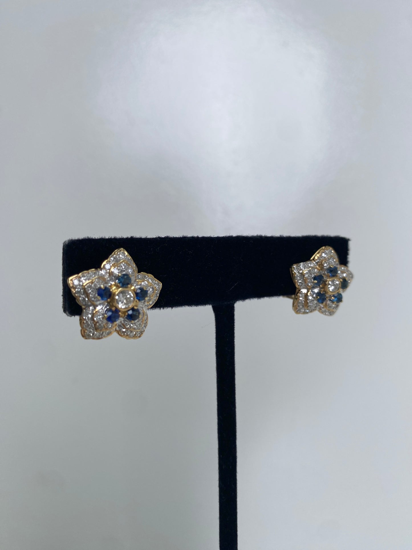 18KY Sapphire/Diamond Flower Earrings