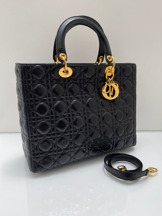 Dior Black Cannage Lambskin Large Lady Dior Bag GHW