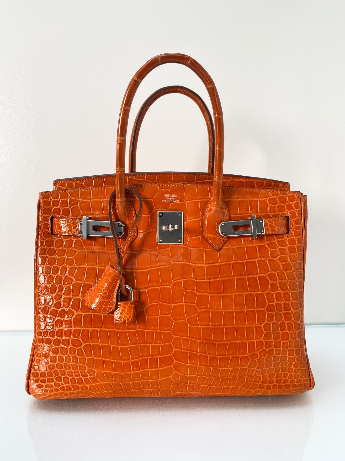 Hermes Birkin 30 Shiny Porosus Orange PHW #L