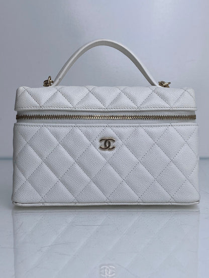 Chanel White Quilted Caviar Slim Vanity Case Crossbody Bag GHW