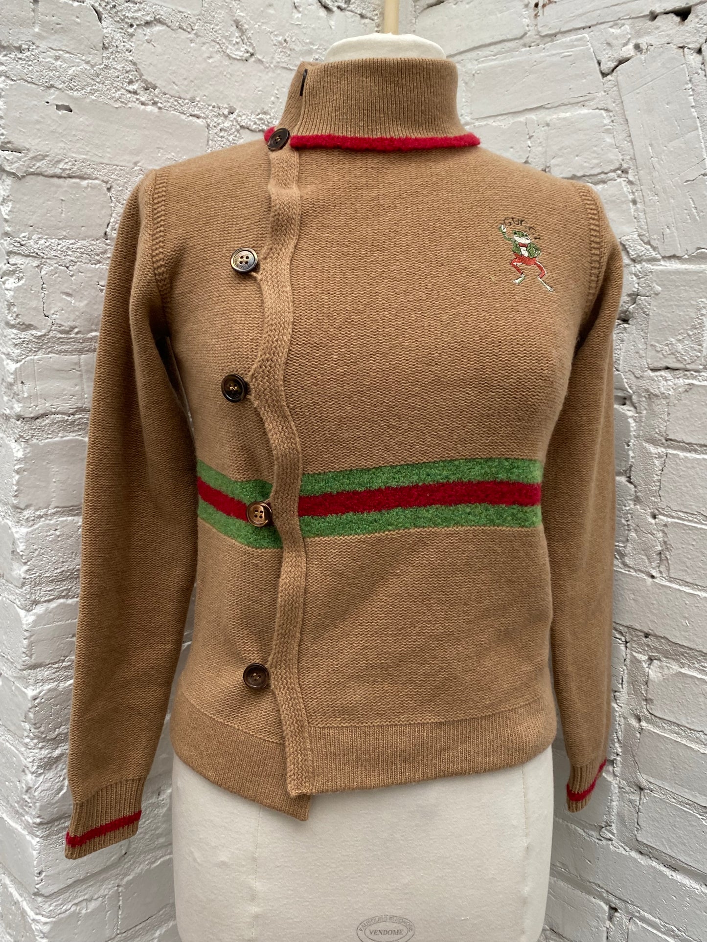 Gucci Kids Tan/Red/Green Frog Logo Cardigan, 12Y