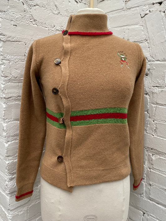 Gucci Kids Tan/Red/Green Frog Logo Cardigan, 12Y