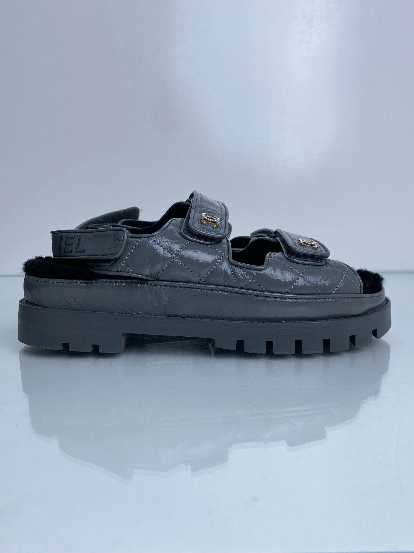 Chanel Grey Patent Leather & Shearling CC Interlocking Dad Sandals, 40