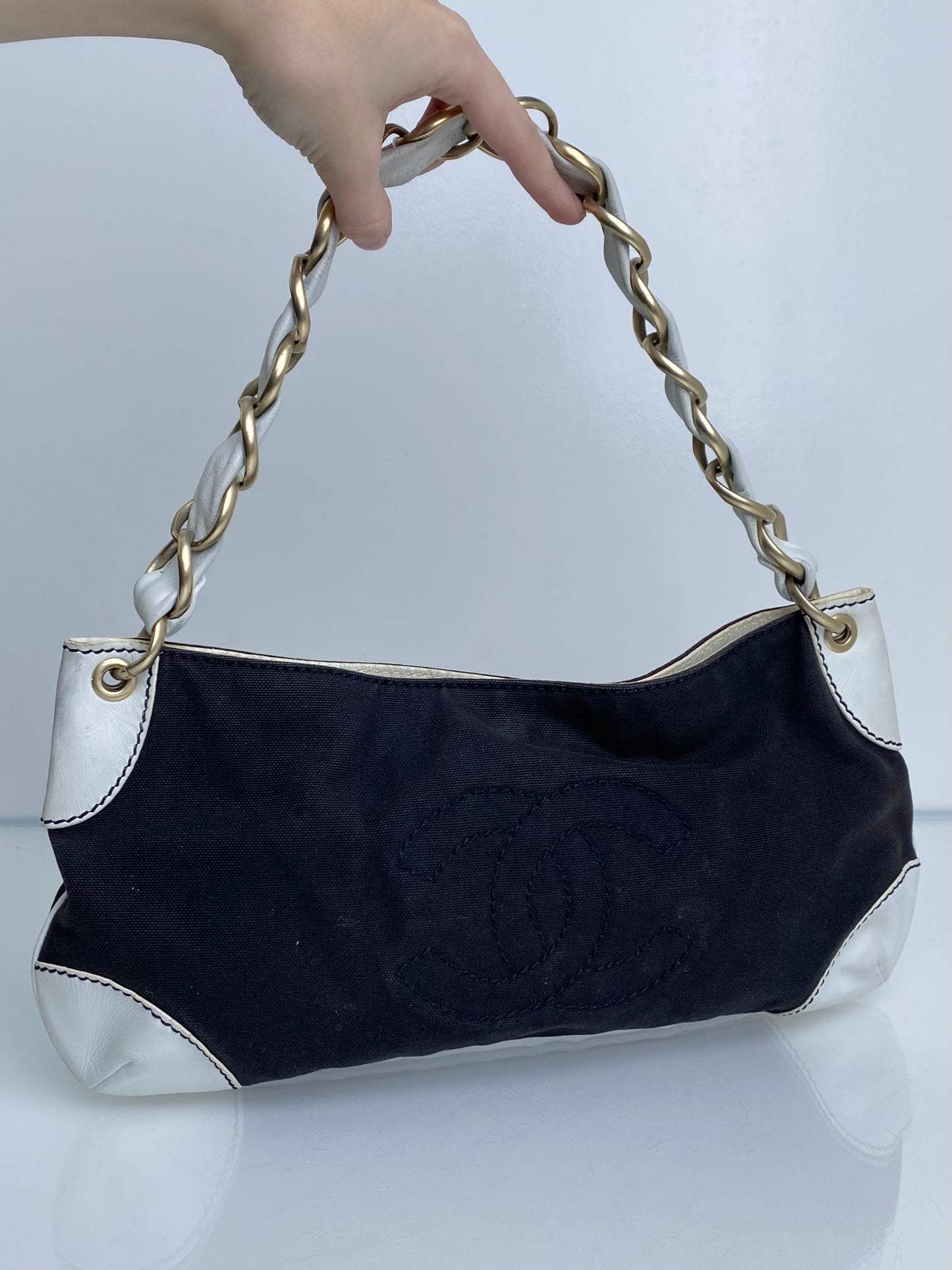 Chanel Black Olsen Canvas Shoulder Bag GHW