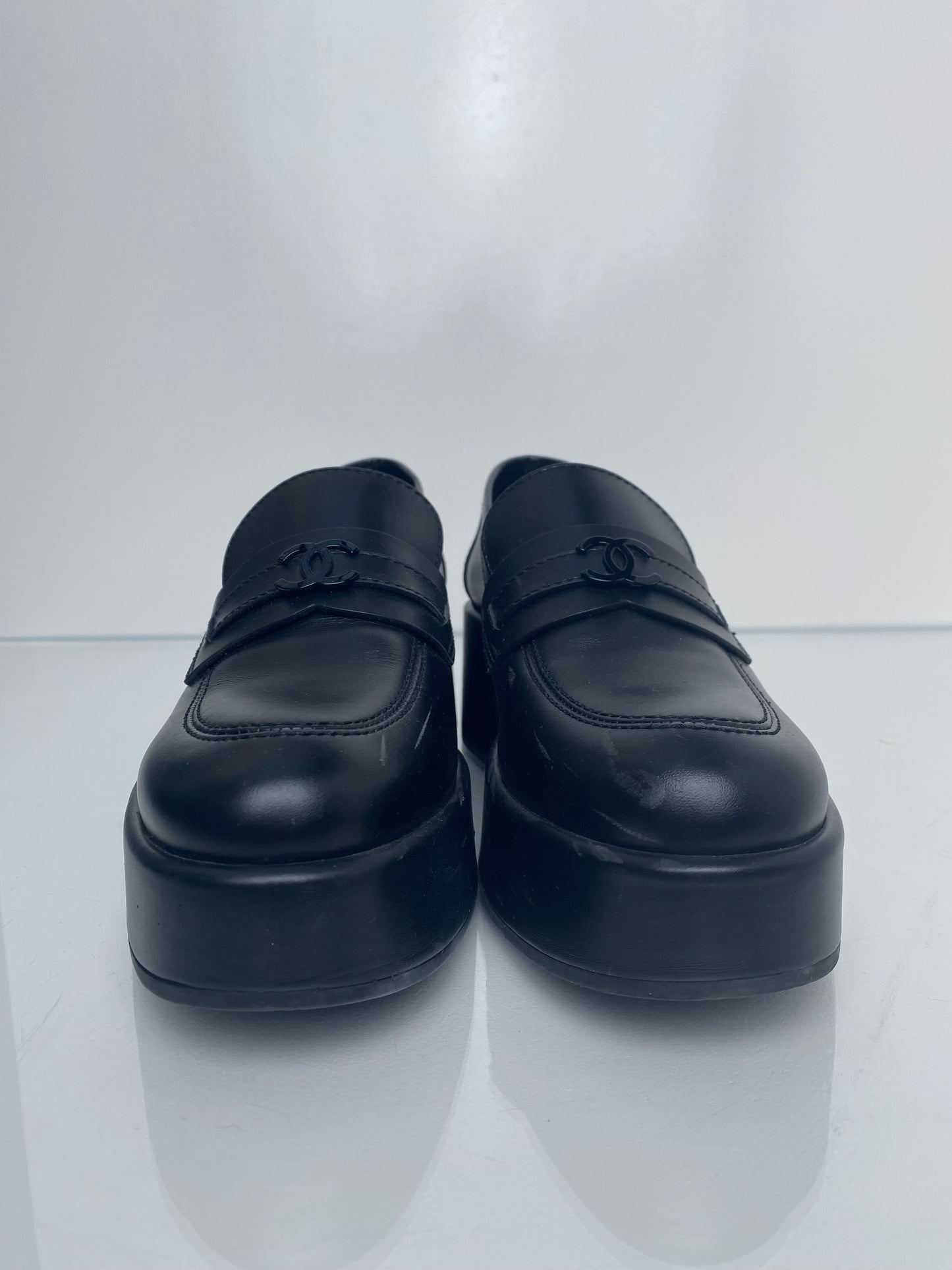 Chanel Black Calfskin CC Platform Loafers, 39 (As Is)