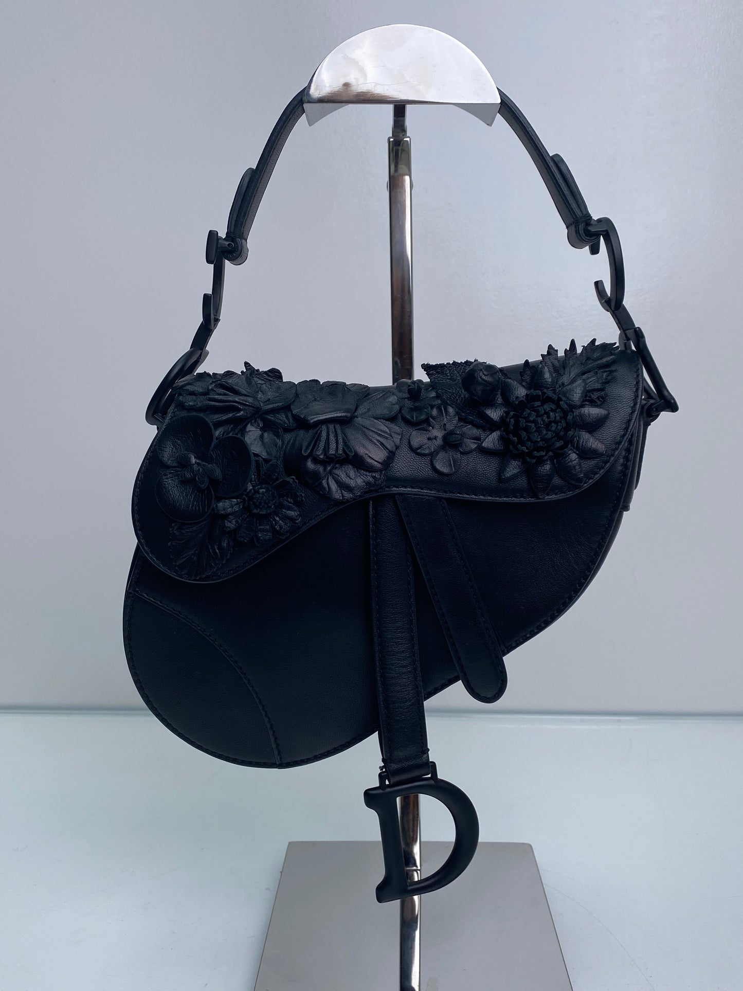 Christian Dior Black Lambskin Floral Appliqué Mini Saddle Bag BHW