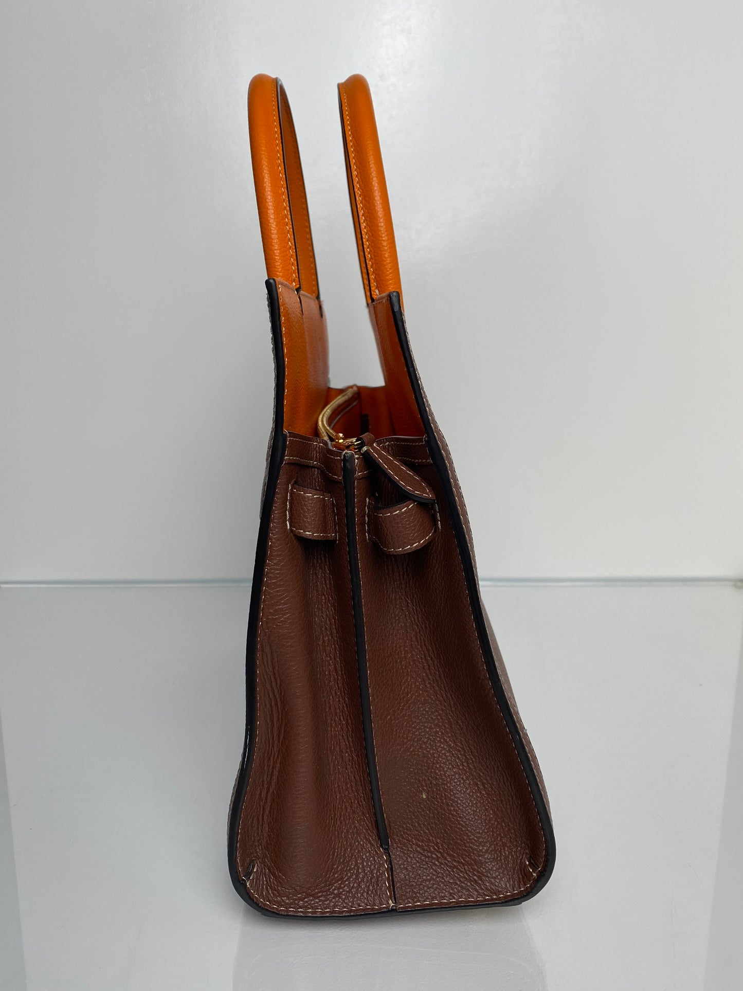 Burberry Brown & Orange Contrast Stitch Tote Bag GHW