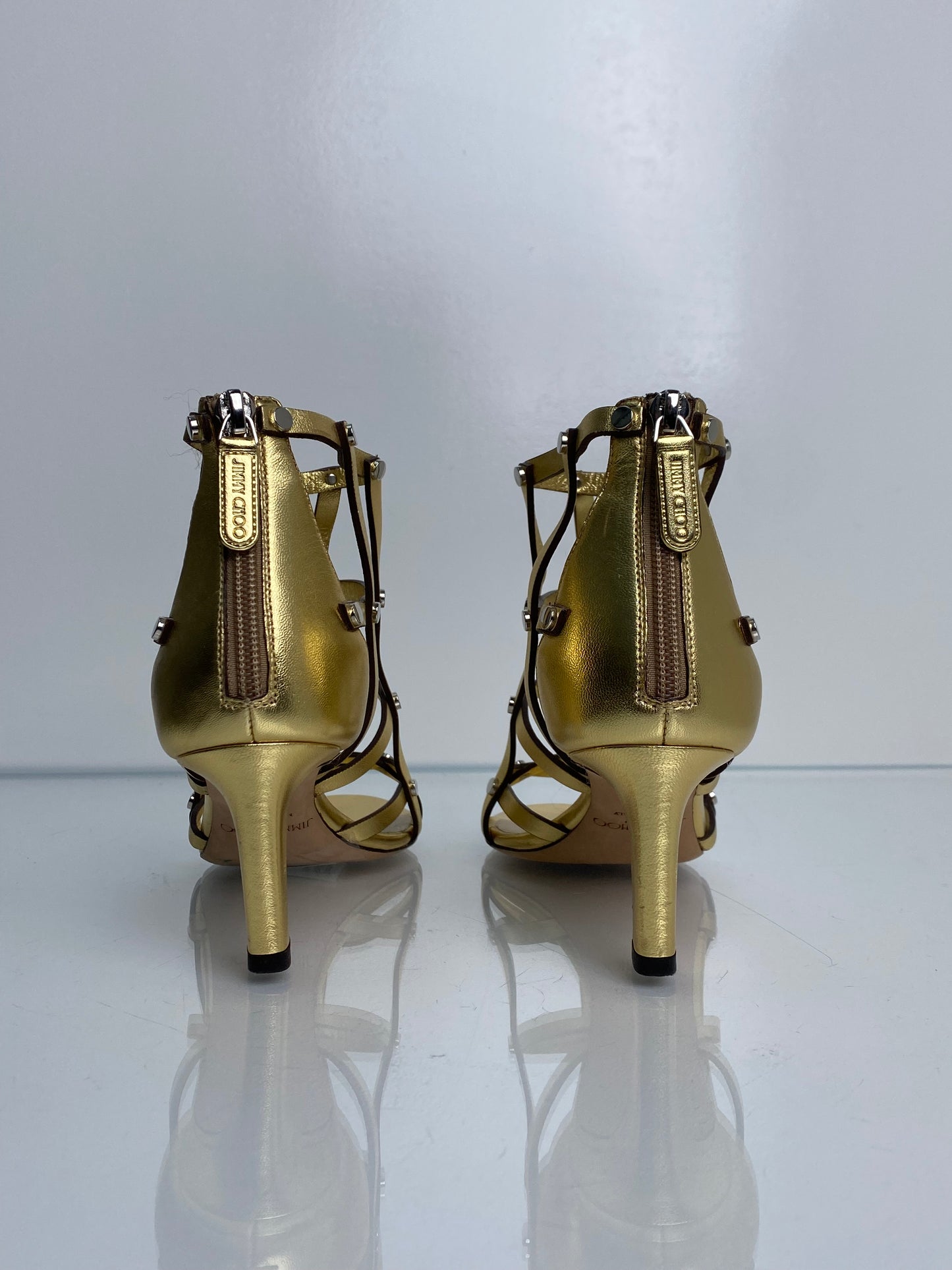 Jimmy Choo Gold Studded Gladiator Heels, 36