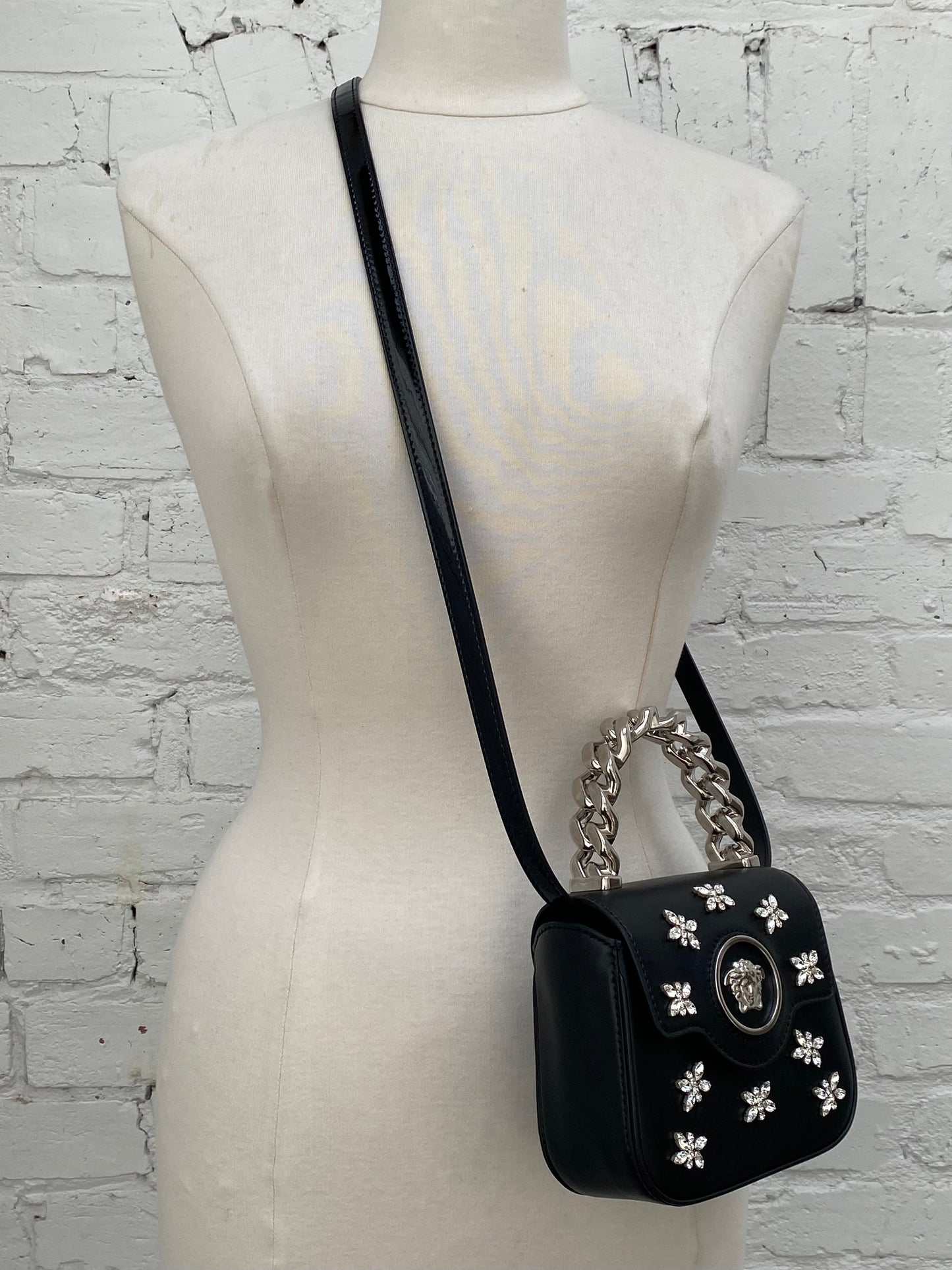 Versace Black Crystal Embellished La Medusa Mini Top Handle Bag SHW