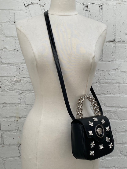 Versace Black Crystal Embellished La Medusa Mini Top Handle Bag SHW