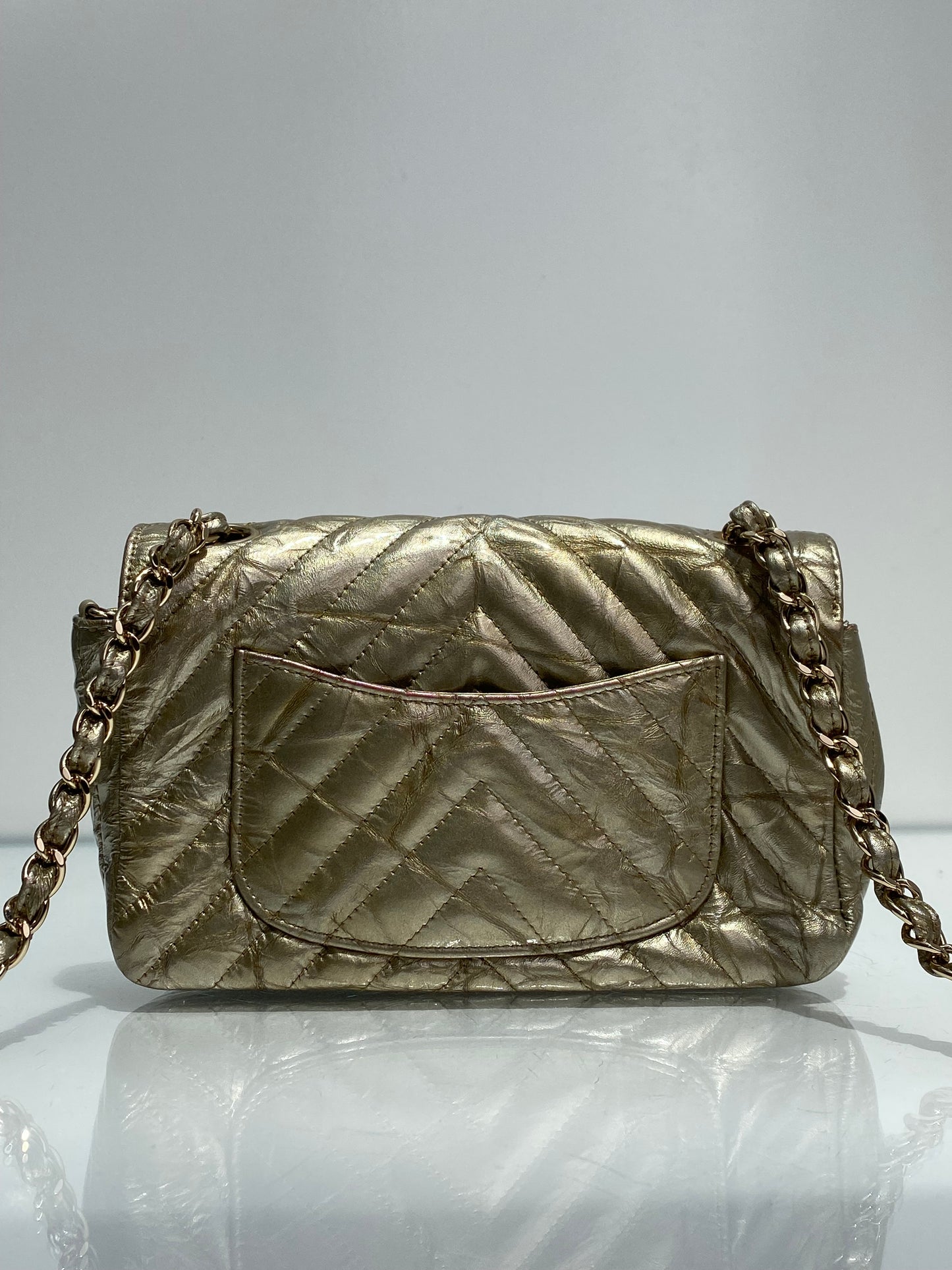 Chanel Classic Flap Small Metallic Crinkled Calf Chevron Crossbody LGHW