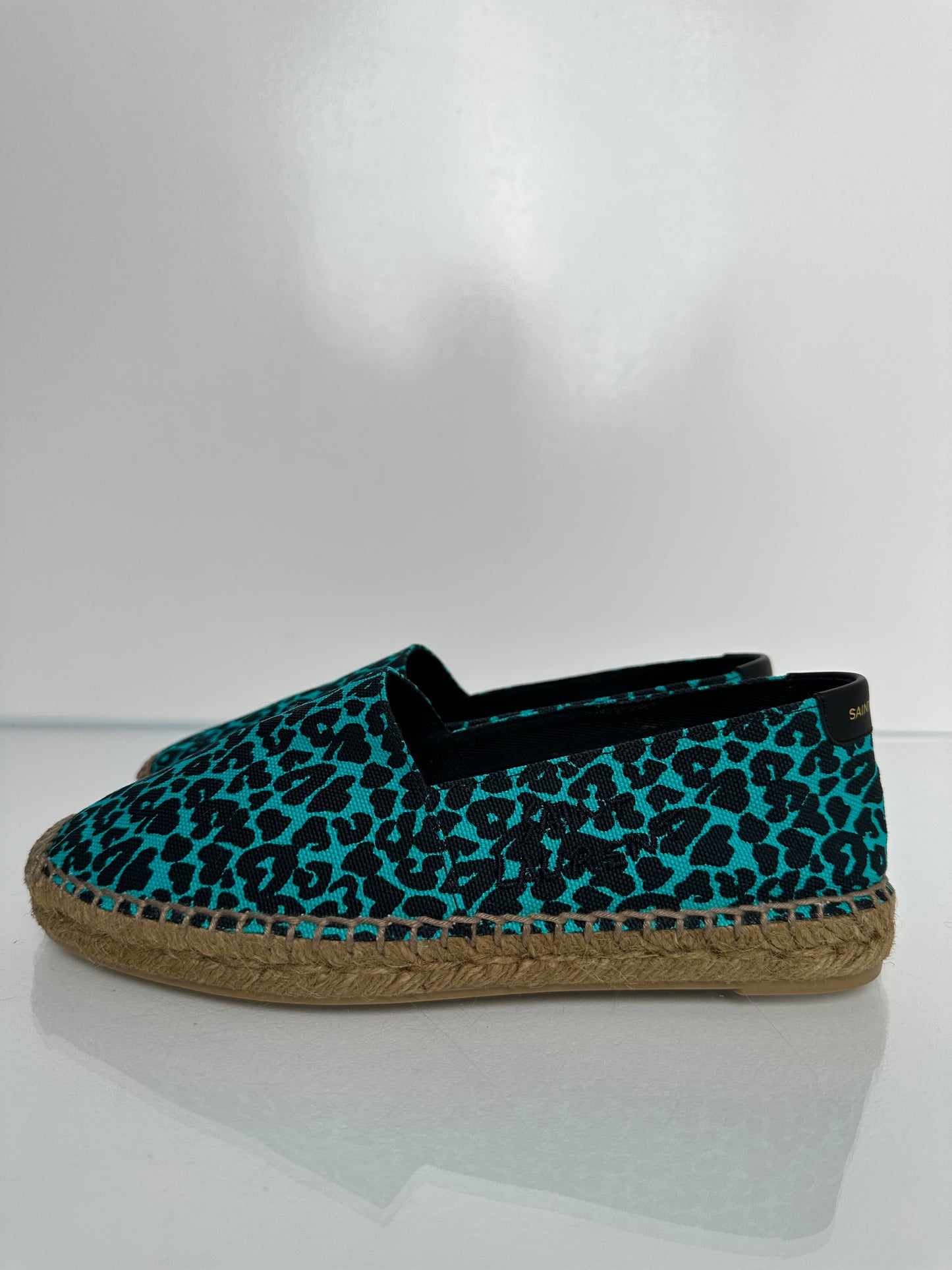 Saint Laurent Black & Teal Leopard Print Loafers, 36.5