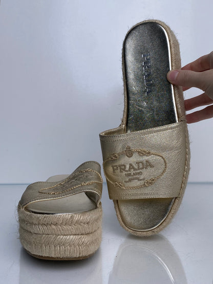Prada Champagne Platform Espadrilles, 39.5