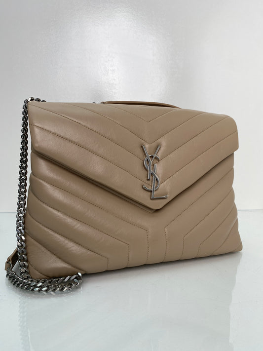 Saint Laurent Lou Lou Beige Leather Shoulder Bag SHW