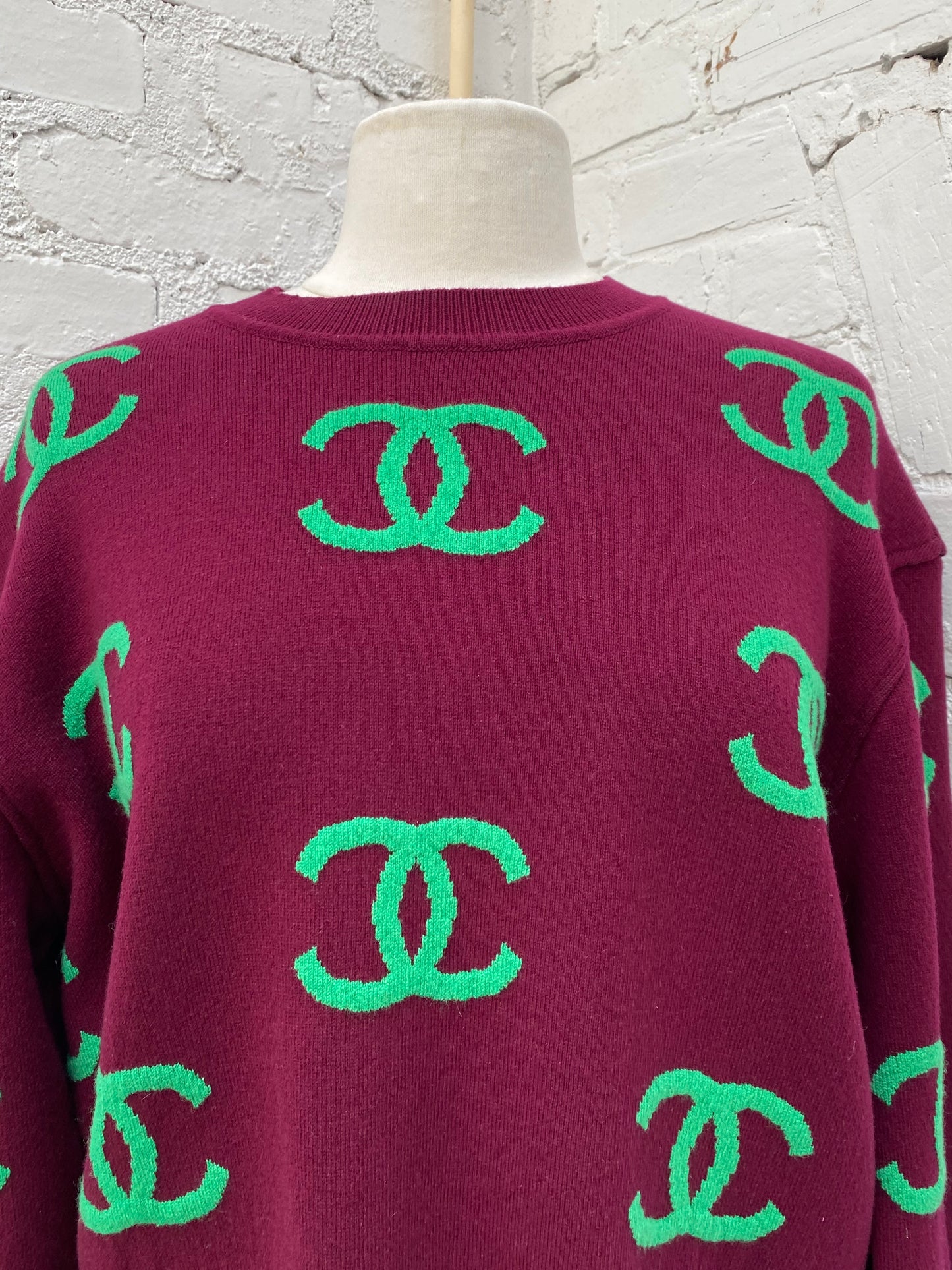 Chanel Burgundy/Green CC Logo Sweater, 42