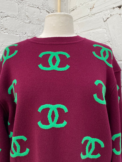 Chanel Burgundy/Green CC Logo Sweater, 42