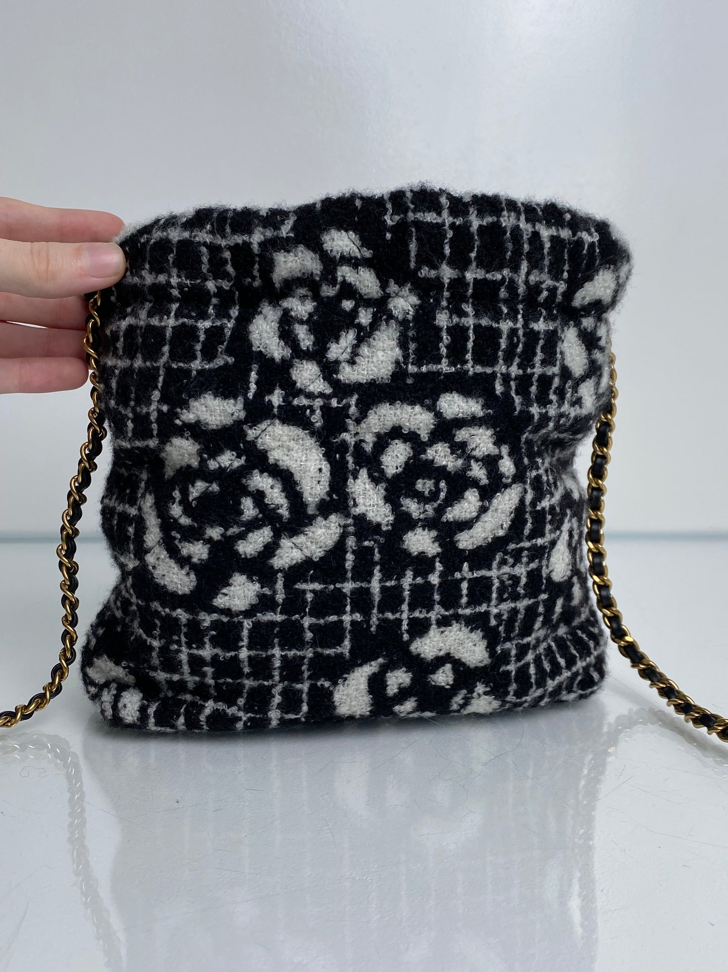 Chanel 22 Mini Black/White Tweed Camellia Bag GHW