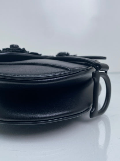 Christian Dior Black Lambskin Floral Appliqué Mini Saddle Bag BHW
