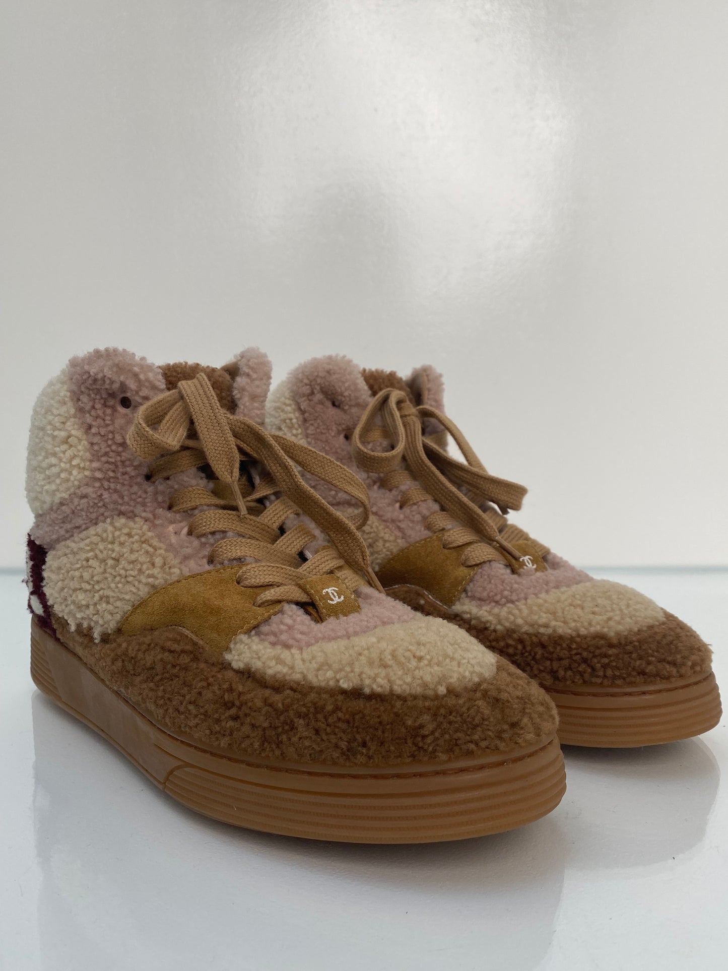 Chanel Cream, Pink, & Brown Shearling Sneakers, 39.5