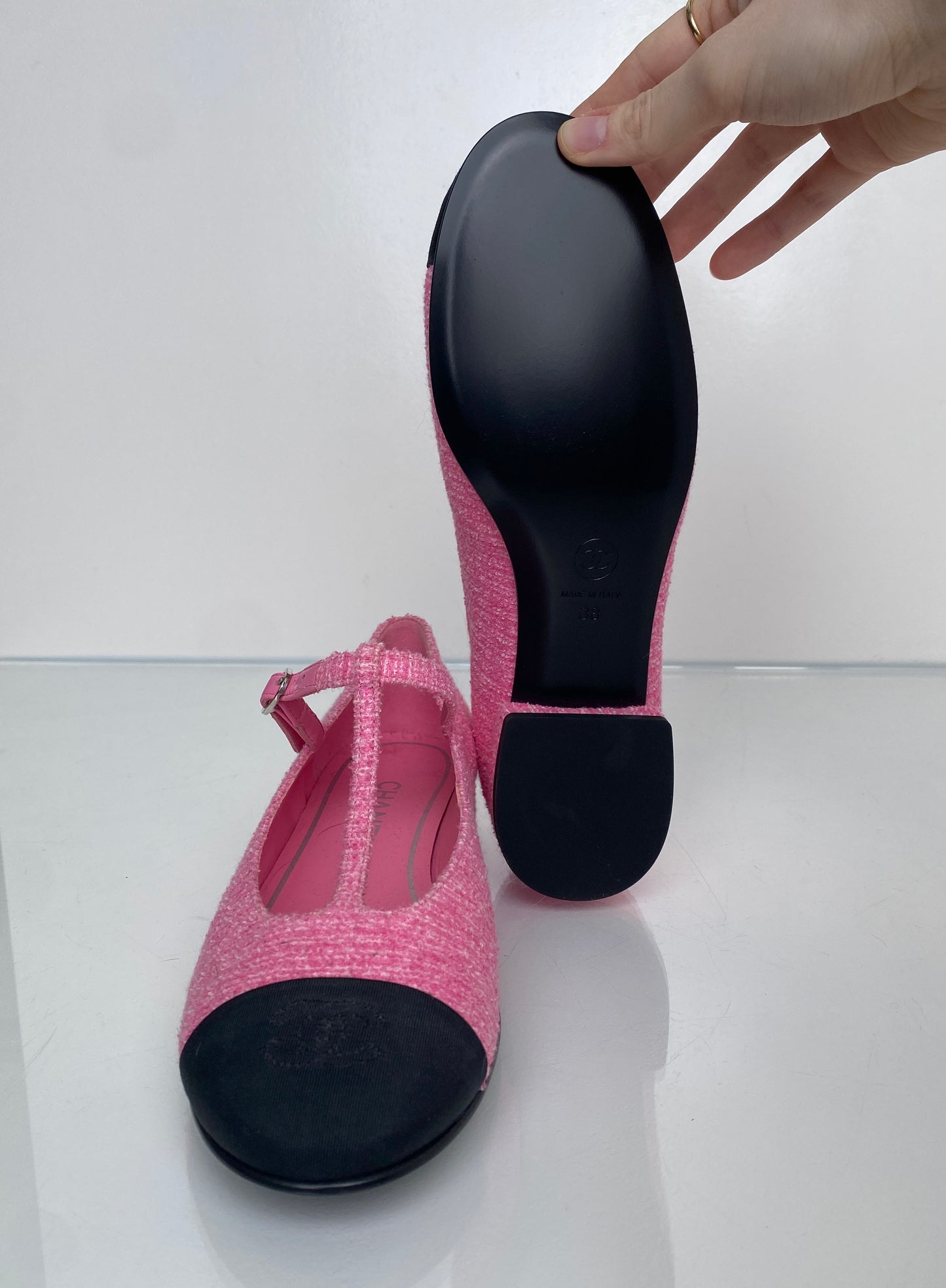 Chanel Pink Tweed CC Mary Jane Flats, 38