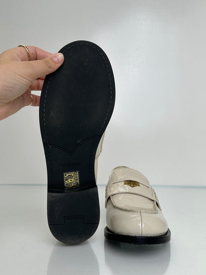 Miu Miu Cream Patent Leather Penny Coin Loafers, 38