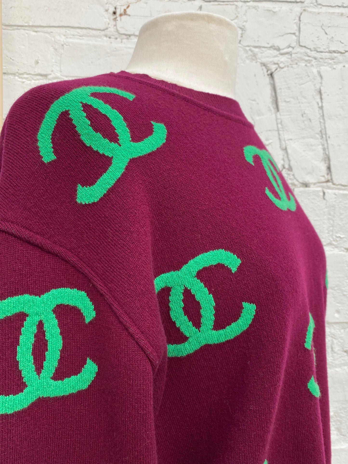 Chanel Burgundy/Green CC Logo Sweater, 42