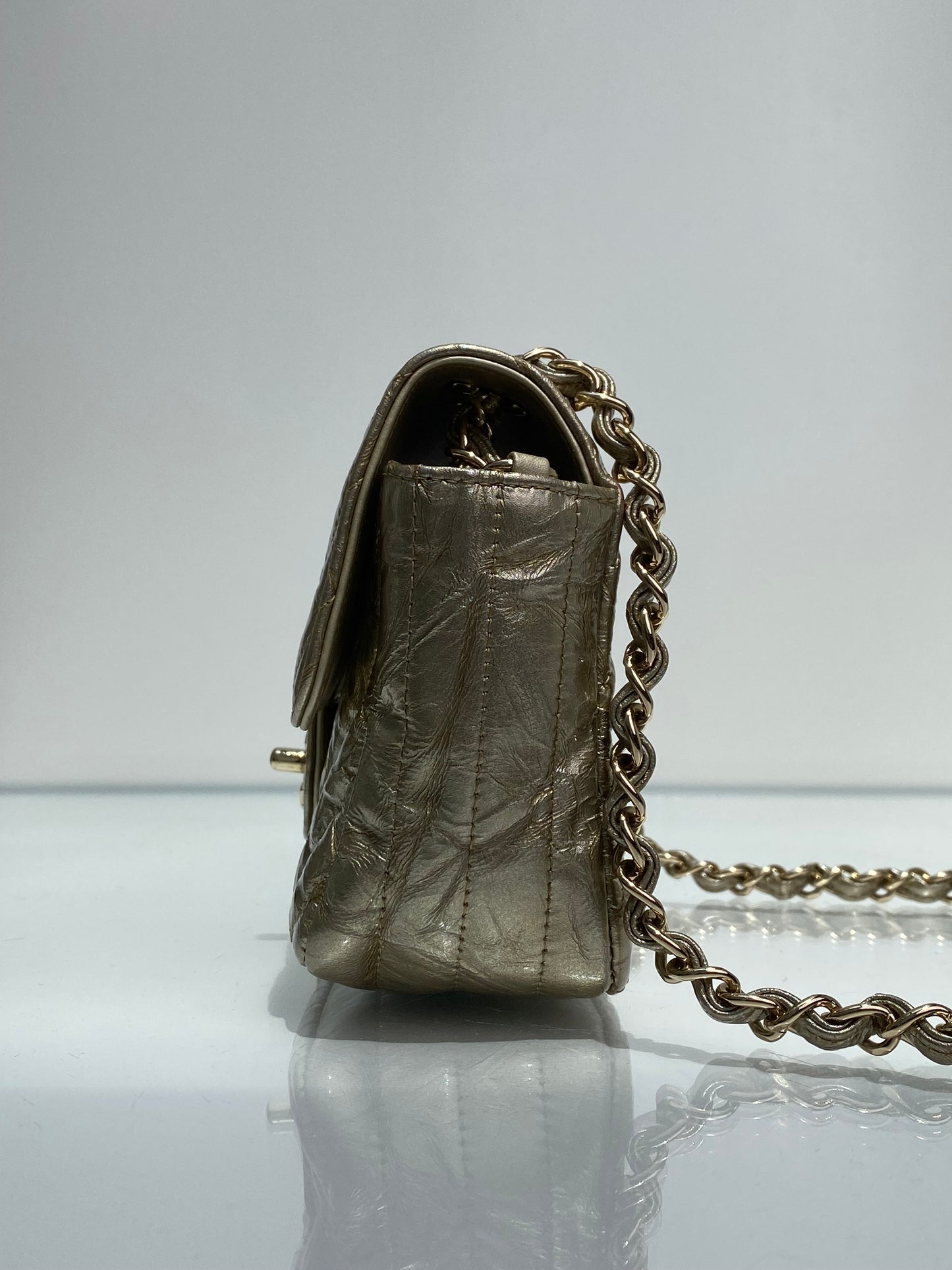 Chanel Classic Flap Small Metallic Crinkled Calf Chevron Crossbody LGHW