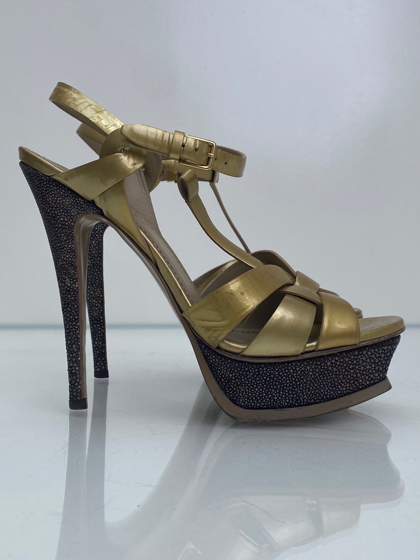 YSL Metallic Gold Platform Tribute Heels, 39.5 (As Is)