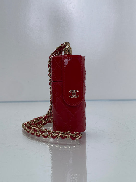 Chanel CC Red Patent Quilted Lipstick Case Bag GHW