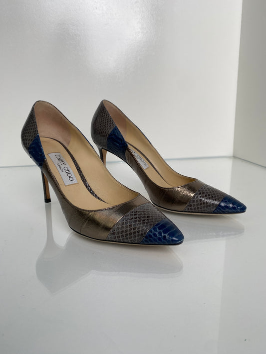 Jimmy Choo Silver and Blue Heels, 39.5