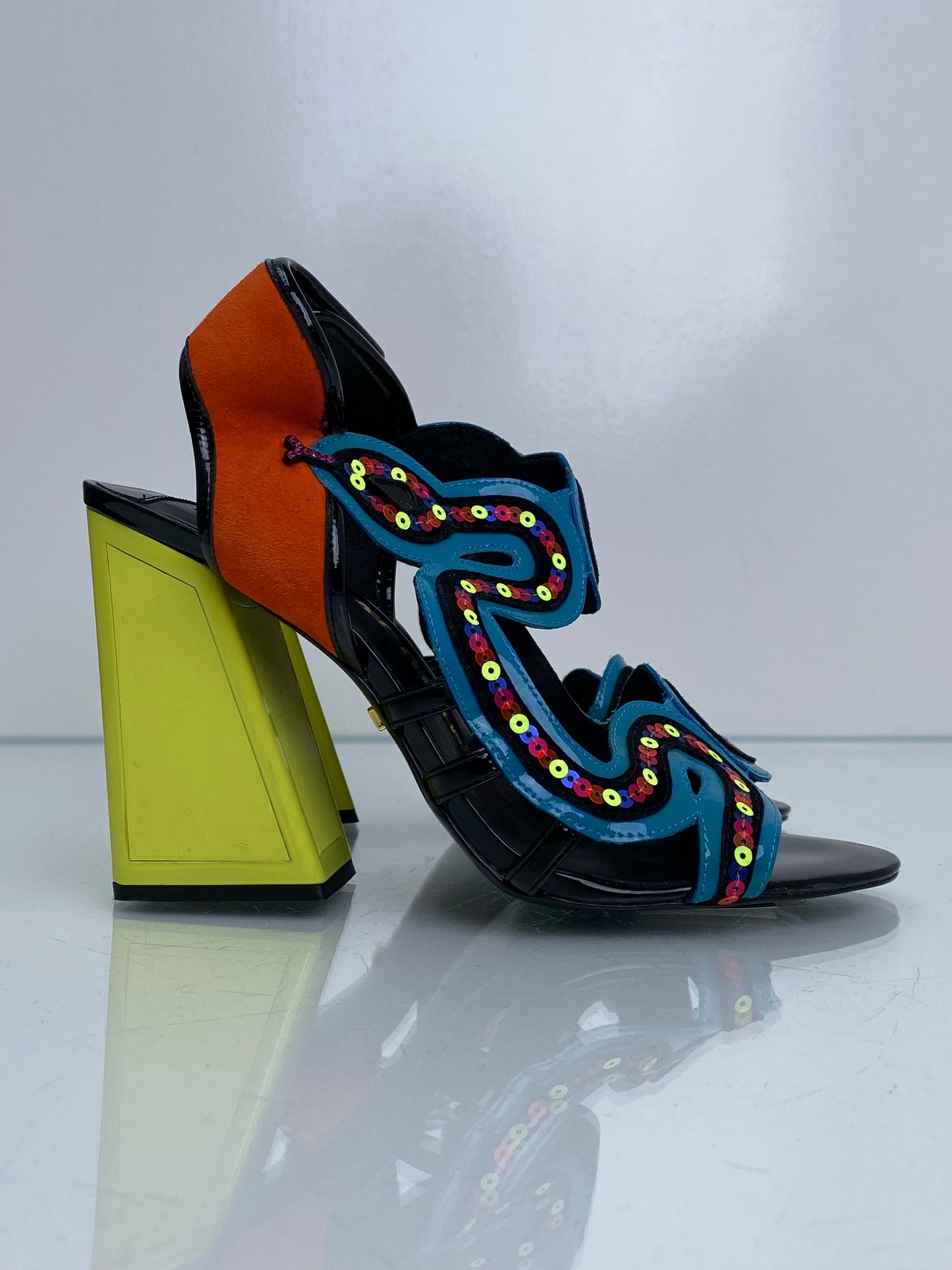 Kat Maconie Neon Yellow, Orange, Blue Sequin Heels, 8