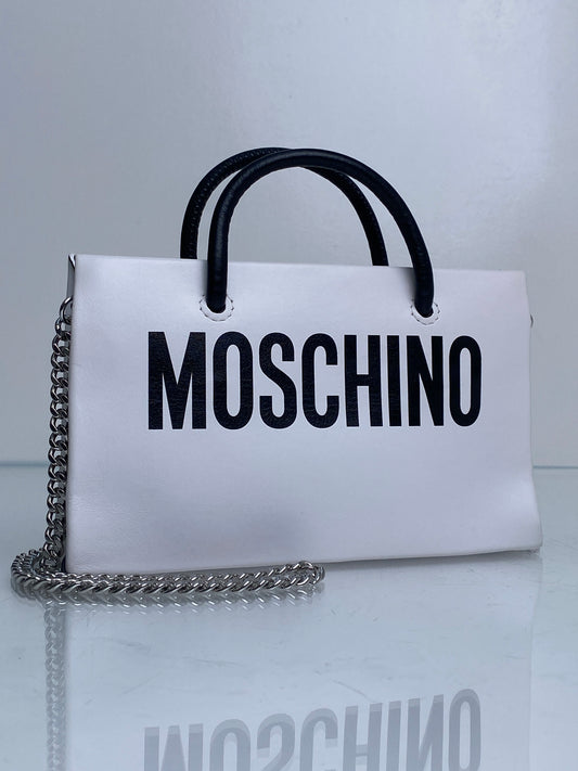 Moschino White & Black Leather Top Handle Small Bag SHW