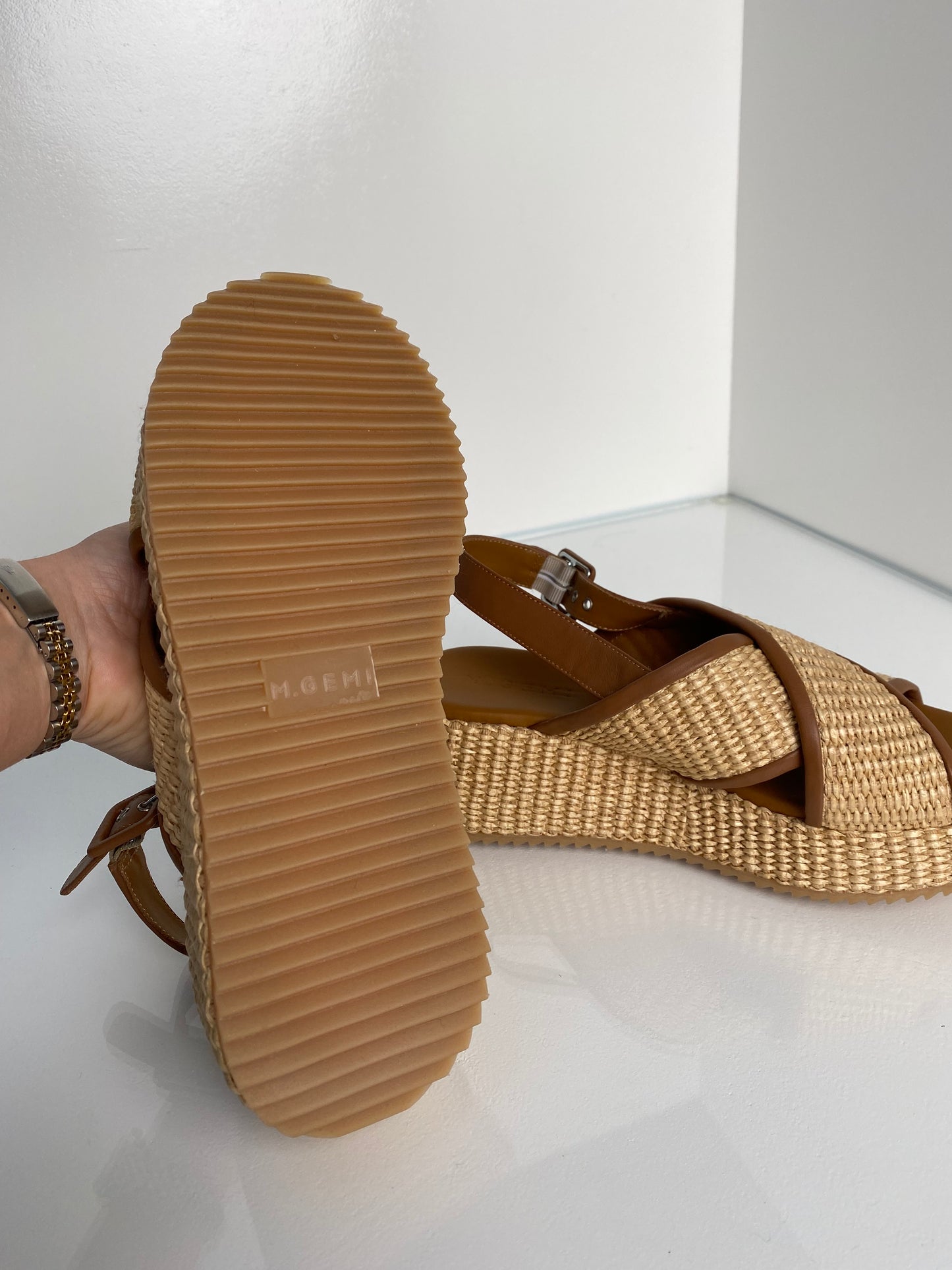 M.Gemi Raffia & Brown Leather Slides, 38