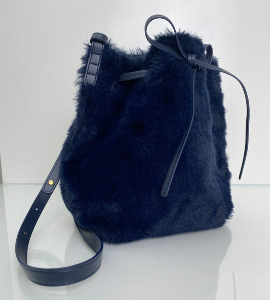 Mansur Gavriel Navy Faux Fur Crossbody Bucket Bag