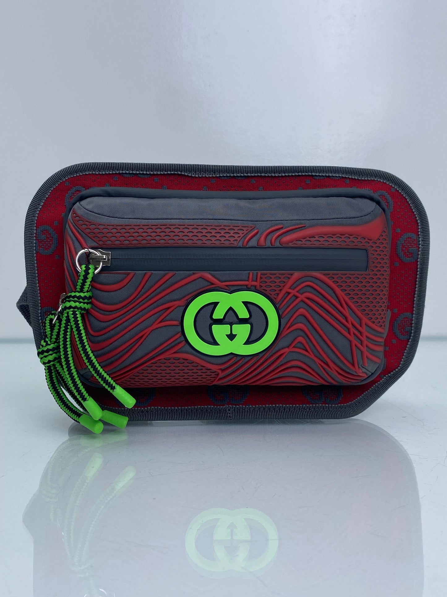 Gucci Grey, Red, & Neon Green Jersey GG Rubber Bum Bag SHW