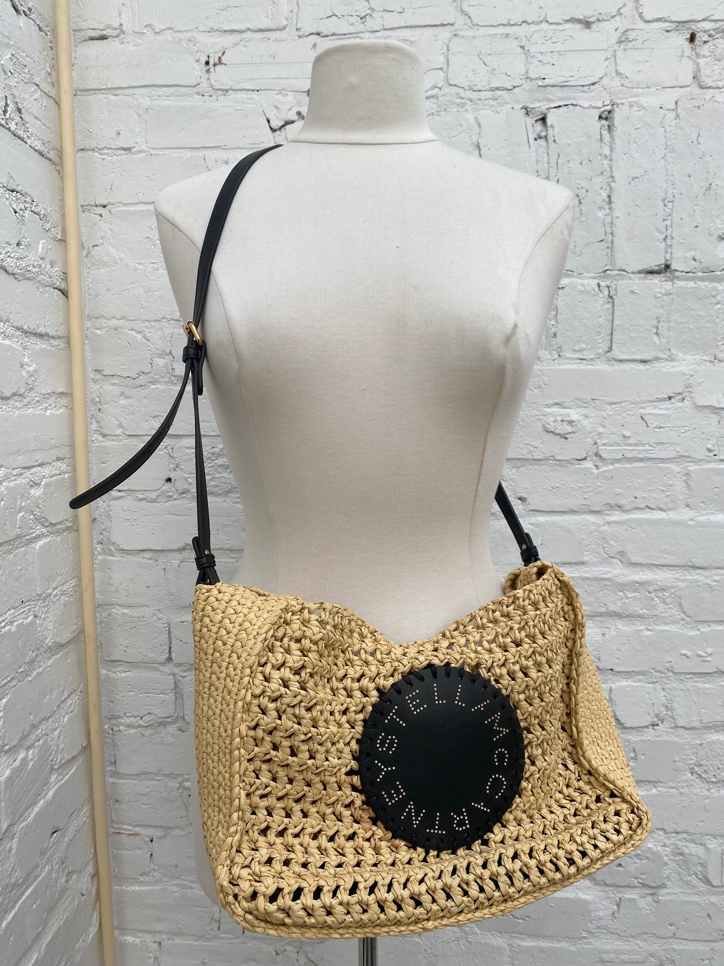 Stella McCartney Black Vegan Leather & Raffia Shoulder Bag