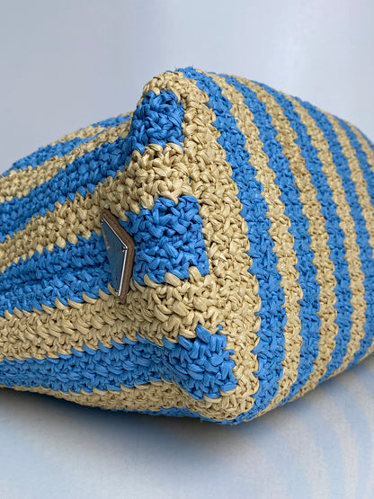Prada Tan & Blue Striped Raffia Tote Bag SHW