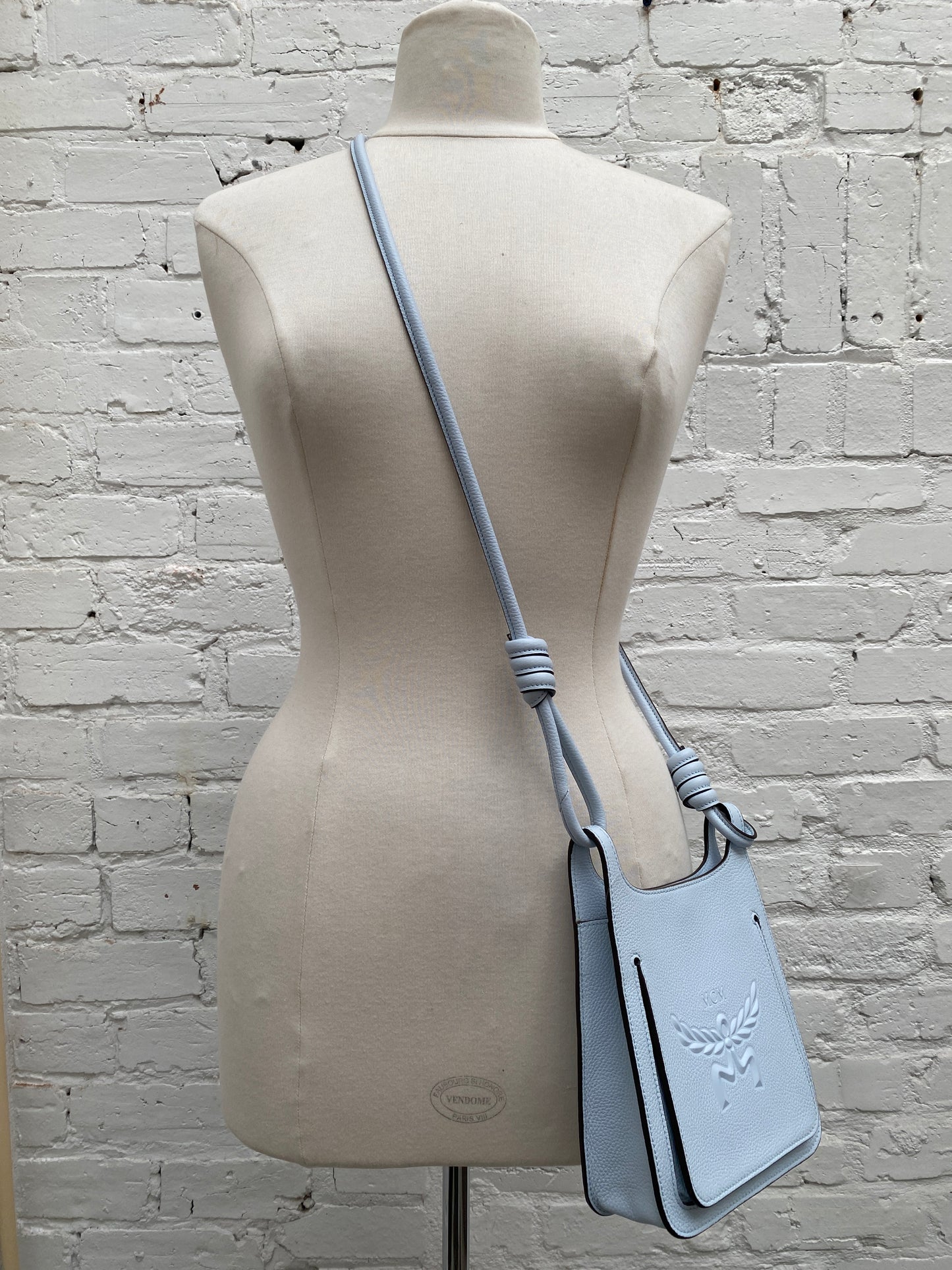 MCM Light Blue Logo Embossed Crossbody Bag