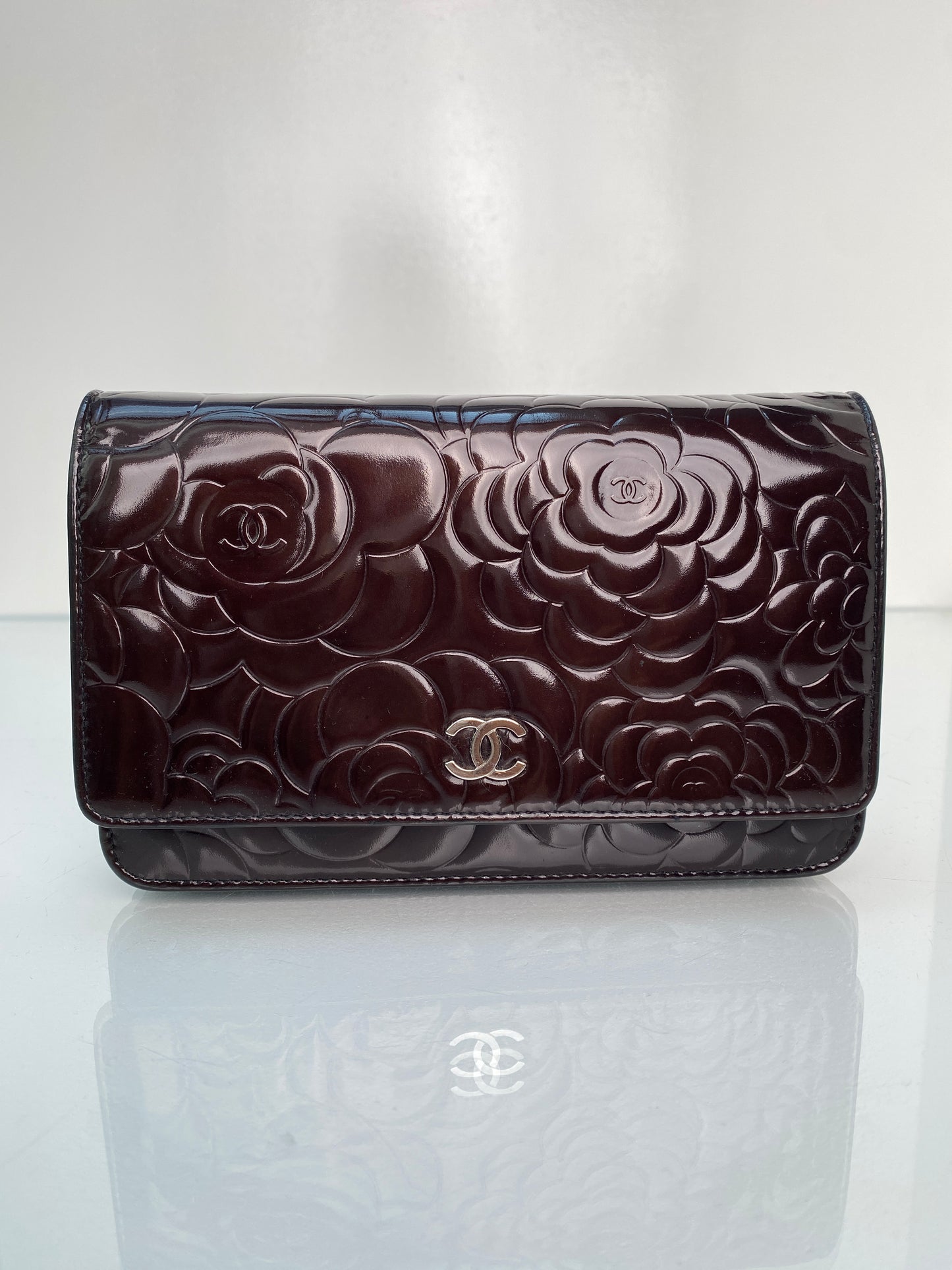 Chanel Dark Brown Patent & Black Camille Wallet On The Chain SHW
