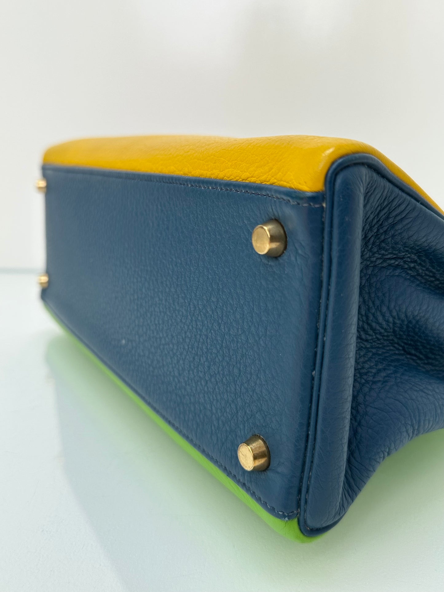 Hermes Kelly 32 Vert Cru, Jaune, and Blue Thalassa Clemence GHW #G