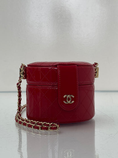 Chanel Red Patent Quilted Small Round Vanity GHW
