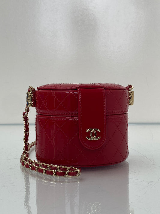 Chanel Red Patent Quilted Small Round Vanity GHW