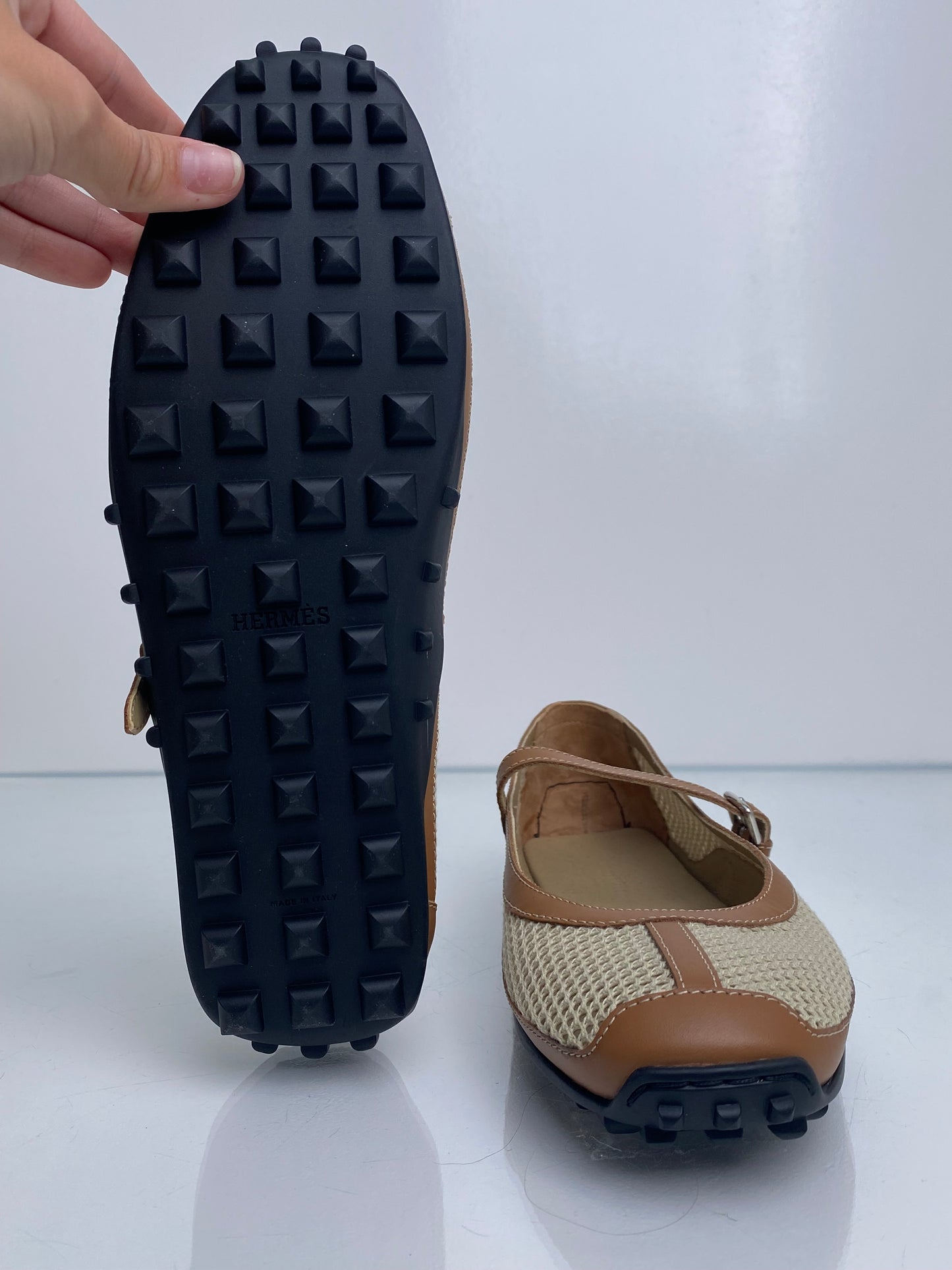 Hermes Gold & Cream Kichu Mary Jane Flats,  38.5