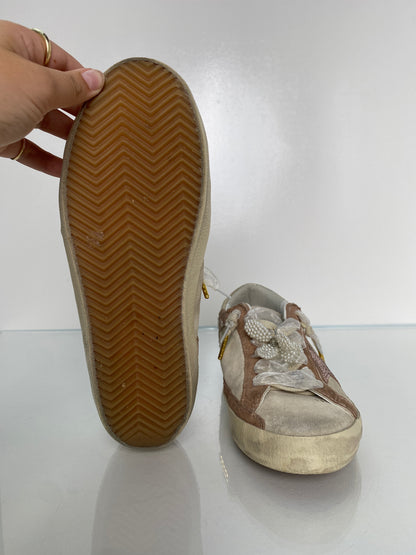 Golden Goose Pink & Tan Suede Pearl Flower Sneakers, 37